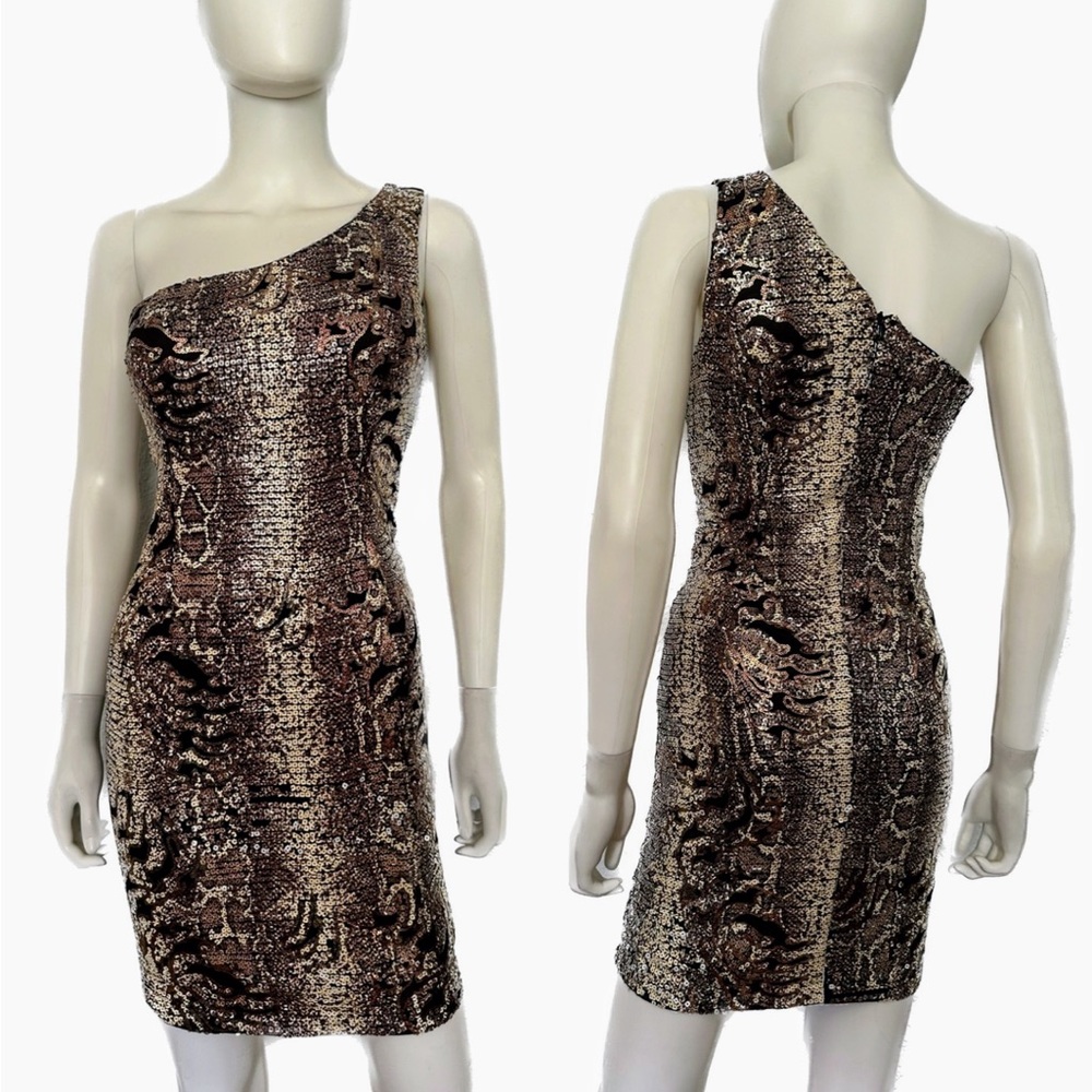 NWT WOMEN ONE SHOULDER‎ MINI DRESS SNAKESKIN-PRINT SEQUINED PROM FORMAL PARTY